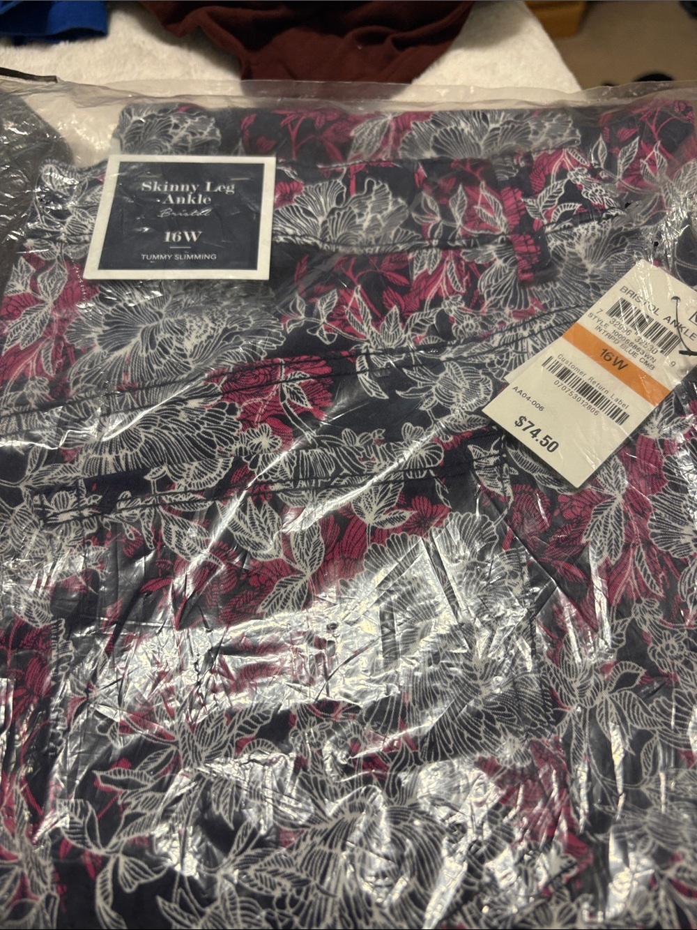 Charter Club Black Skinny Leg Ankle Jeans with Pink & White Floral Print